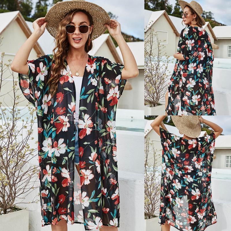 

Women's Swimwear Beach Cover Up Kimono Vintage Print Floral Holiday Bikini Outing Boho Loose Long Cardigan Covers Pareo Cover-up Kaftan, As pic