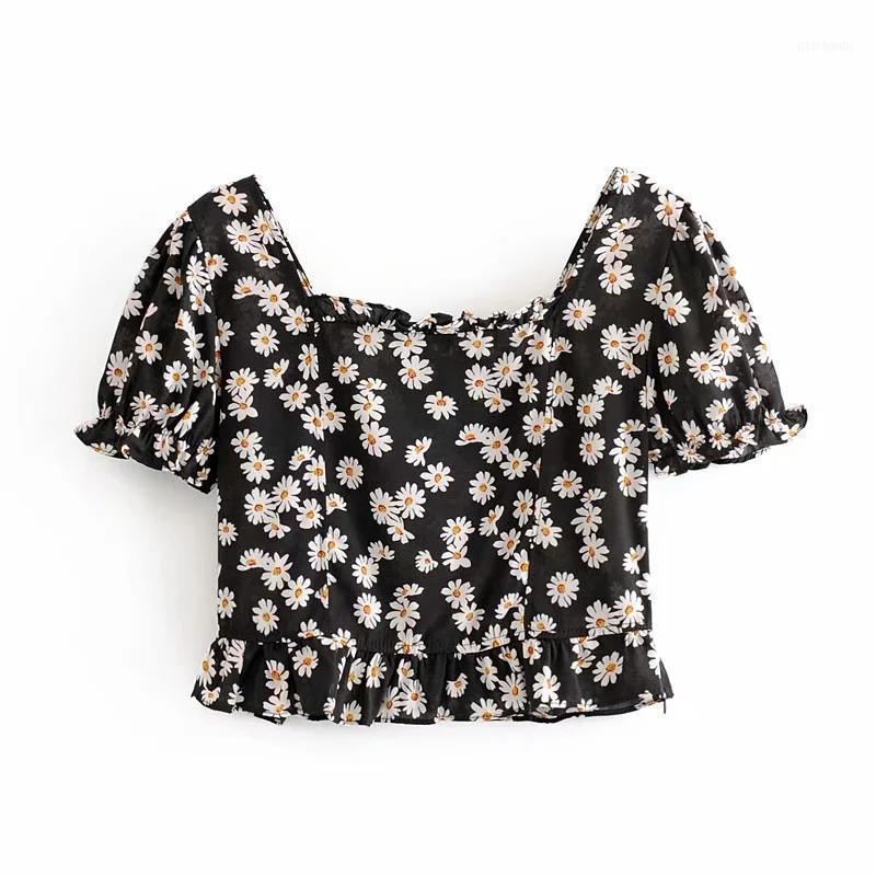 

Women Sweet Daisy Printed Ruffles Short Blouse Vintage Fashion Square Collar Sleeve Shirts Girls Chic Tops1, As pic