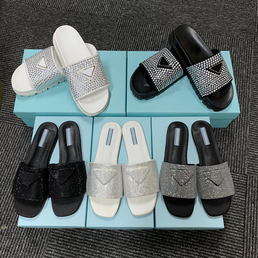 

Fashion designer slippers satin slides with crystals women flat Iconic triangular logo square toe lady casual sexy slipper open toe beach slider with logo size 35-42