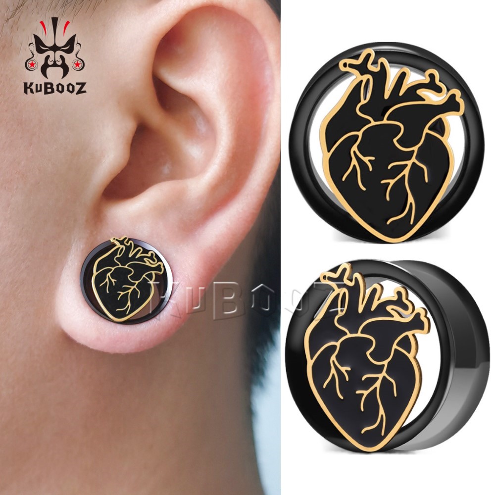 

KUBOOZ Stainless Steel Black Gold Heart Ear Tunnels Gauges Plugs Piercing Earring Body Jewelry Stretchers Expanders Wholesale 10mm to 25mm 36PCS