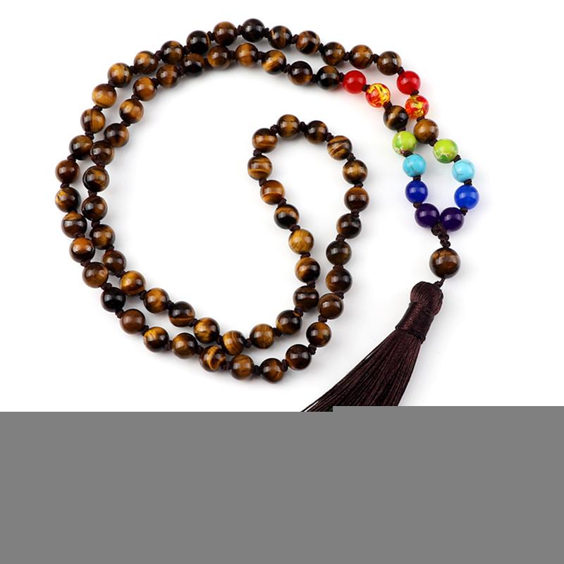 

Pendant Necklaces 8mm Tiger Eye Stone Knotted Necklace 7 Chakra Healing Yoga Reiki Prayer Mala Beaded Tassel For Women Men Charm JewelryPend