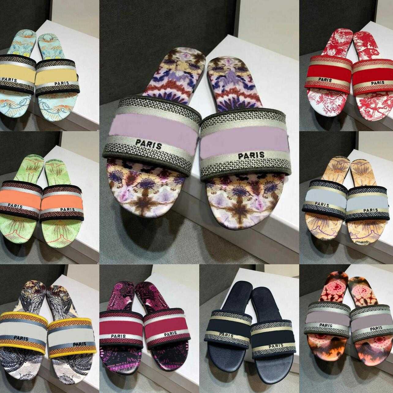 

Multiple Style Slippers Designers Embroidery Sandals Leather Designer Paris Sandals Beach Flat Bottom Ladies Flip Flops Sexy Floral, Box