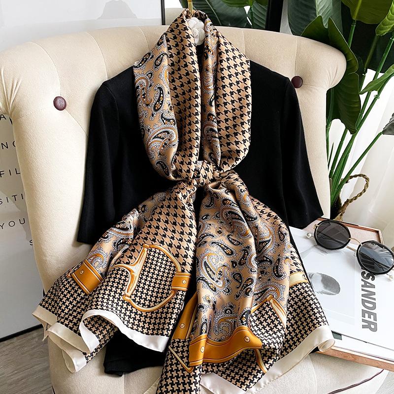 

Scarves Fashion Lattice Satin Print Sunscreen Bandanna Spring 180X90CM Big Beach Towel Winter Dustproof Style Shawls