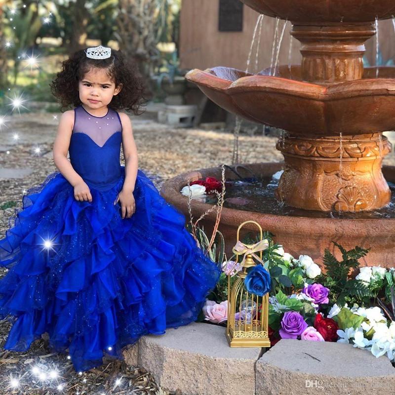Robes de fille à plusieurs niveaux bleu royal enfants fleur fille pure cou niveaux robe de bal de mariage volants première communion pageant robe