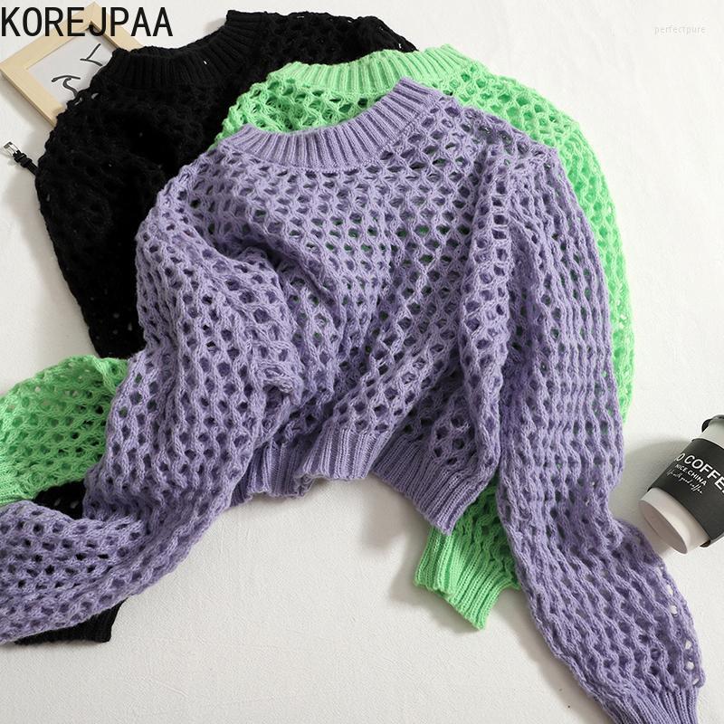 

Women's Sweaters Korejpa Summer Casual Hollow Knitted Pullover Women Long Sleeves Sunscreen Short Top Korean Fashion Knitwear Solid Color Cl, Purple