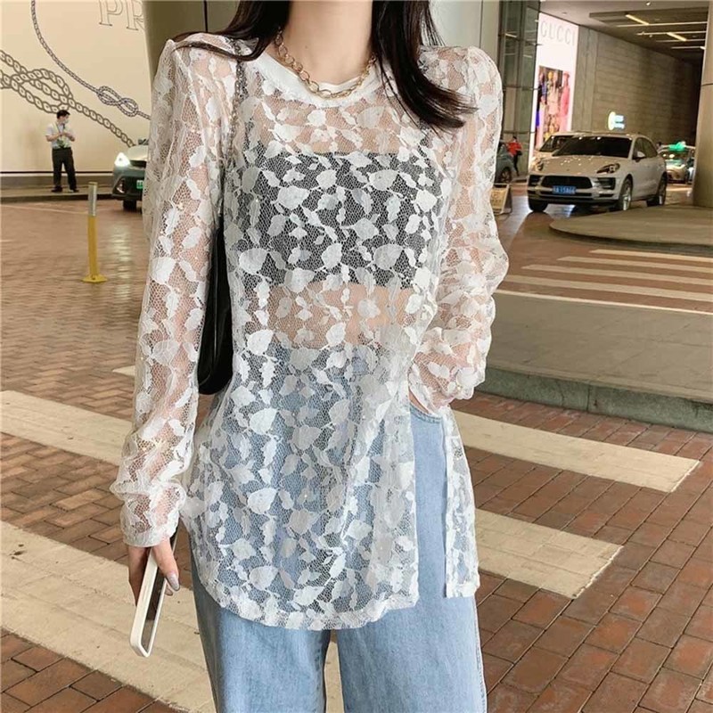 

Women Summer Long Sleeve Fashion Lace Korean Sexy Club Wear All-match Streetwear Sun-proof O-neck Lady Sheer Tops T-shirt 0613, Black