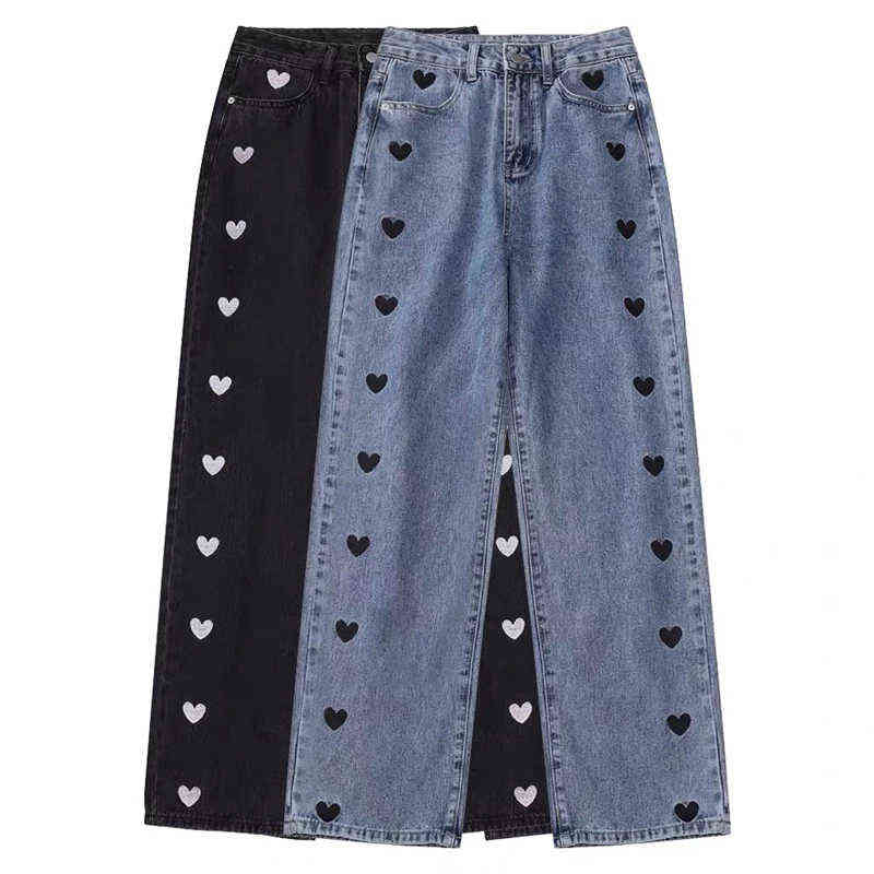 

Blue Wide Leg Jeans Women Love Printing Vintage Harajuku Loose Casual Denim Pants Spring Street High Waist Female Black Trousers T220728