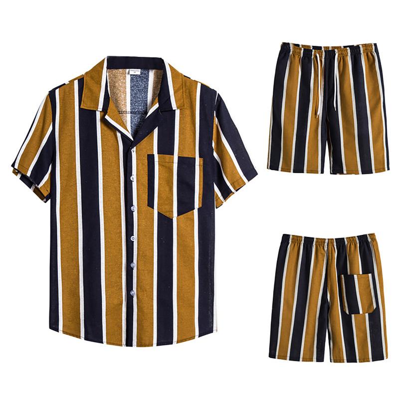 

Men's Tracksuits Fashion Striped Men Sets Streetwear Short Sleeve Lapel Casual Shirt Beach Shorts Summer Vacation Male Hawaiian Suits 2PCS, Beige