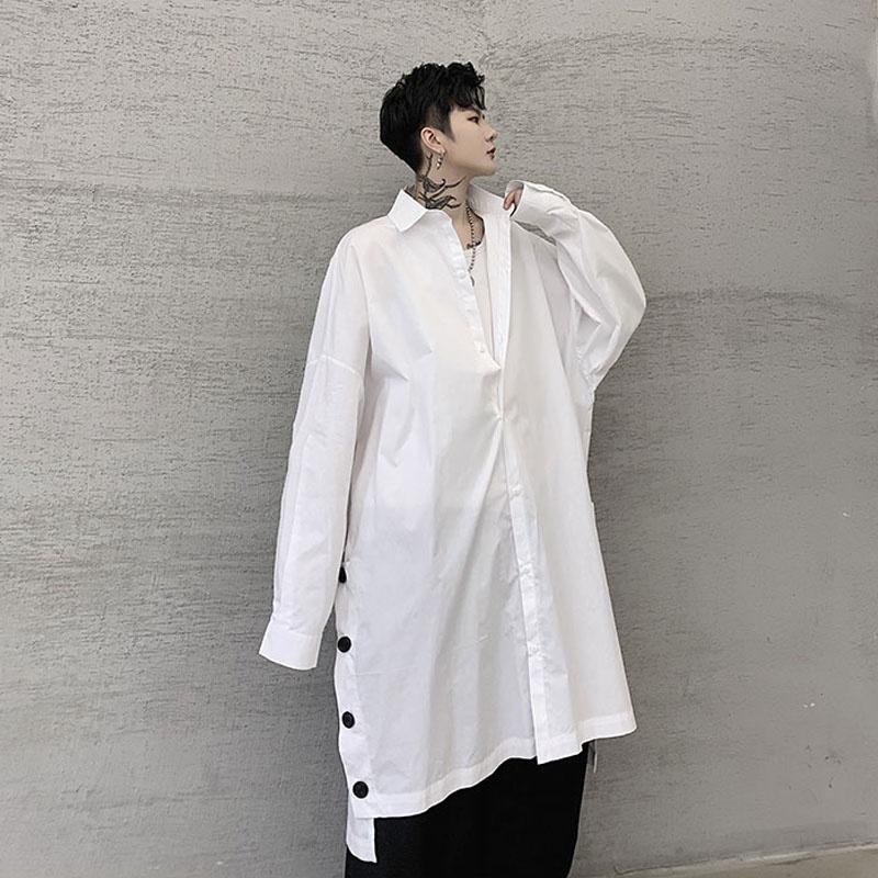 

Men's Casual Shirts Long Men Oversize Sleeve Loose Button Shirt Male Japan Streetwear Hip Hop Splice Dress Stage Clothes, White;black