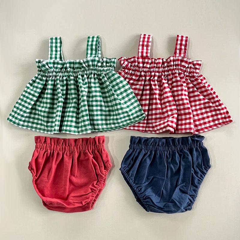 

Clothing Sets Summer Baby Kids Clothes Sleeveless Plaid Infants Top And Bottom 2pcs Suits For Girls Fashion Children ClothingClothing, Green
