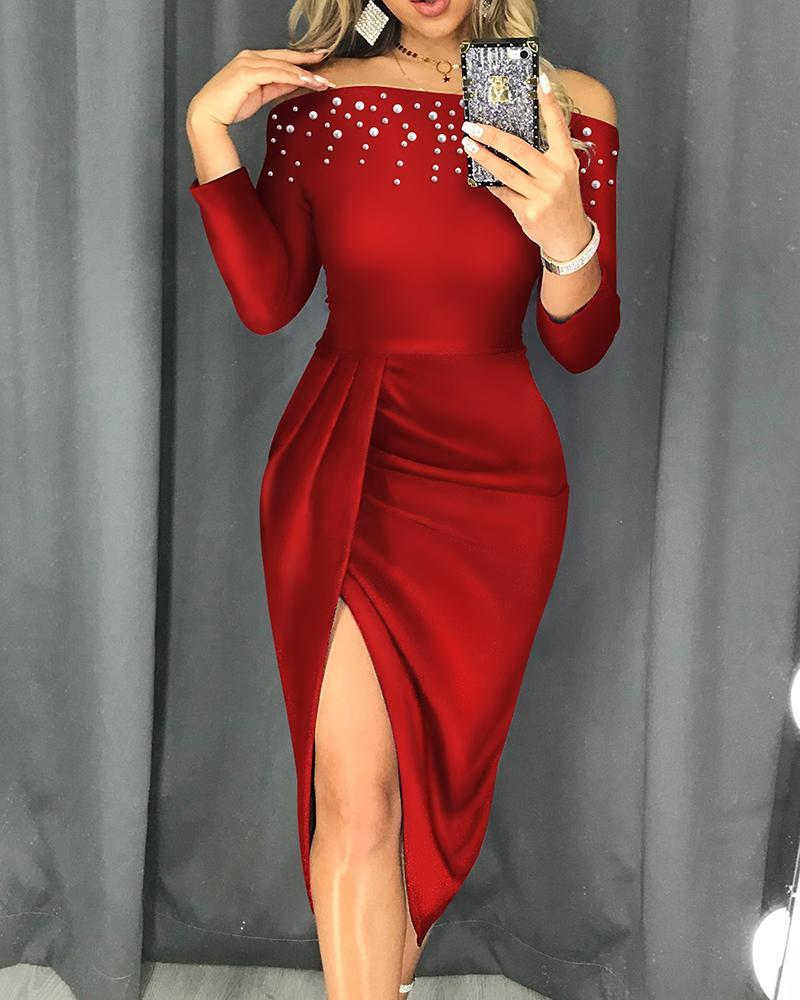 

Casual Dresses 2022 Women Fashion Elegant Autumn Solid Off Shoulder Beaded Ruched Party Dress Spring Long Sleeve Midi, Black;gray