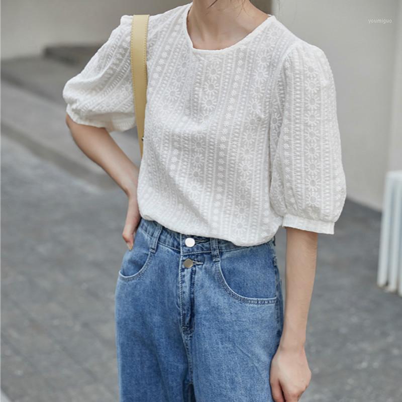 

Women' Blouses & Shirts 2022 Japan Style Puff Short Sleeve Blouse Women Summer Chic Embroidery White Woman Casual Top