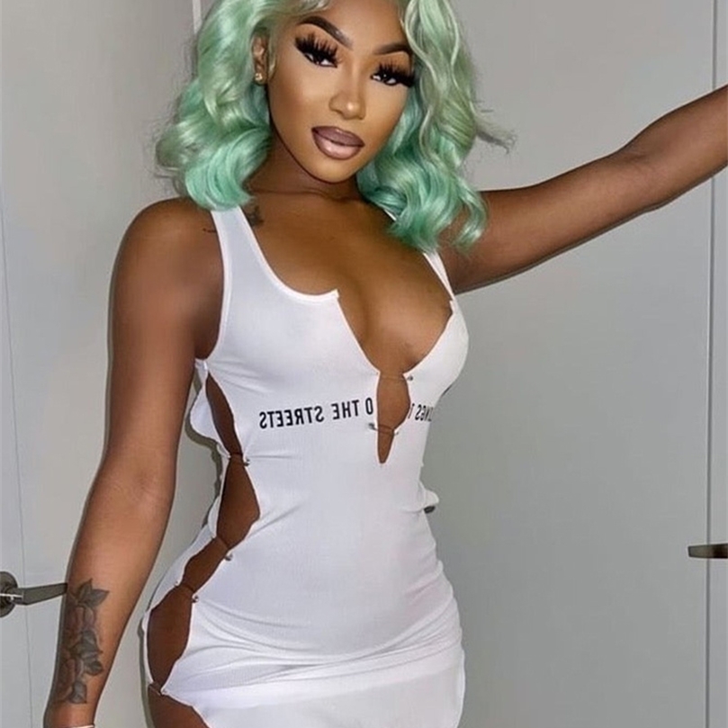 

Weird Puss Two Side Hollow Sexy Dress Women Pin Design VNeck Letter Solid Stretchy Mini Bodycon Midnight Party Skinny Outfit 220704, White