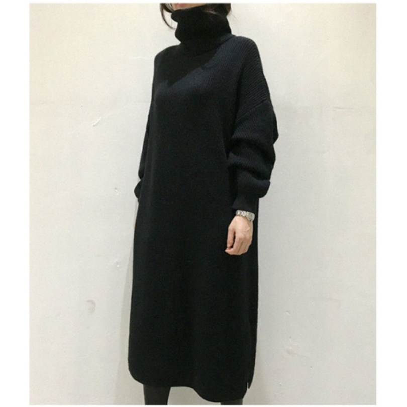 

Women Autumn Winter Thicken Turtleneck long Sweater Dress ladies oversized long sleeve split knitted pullover dresses casual 201110, Black