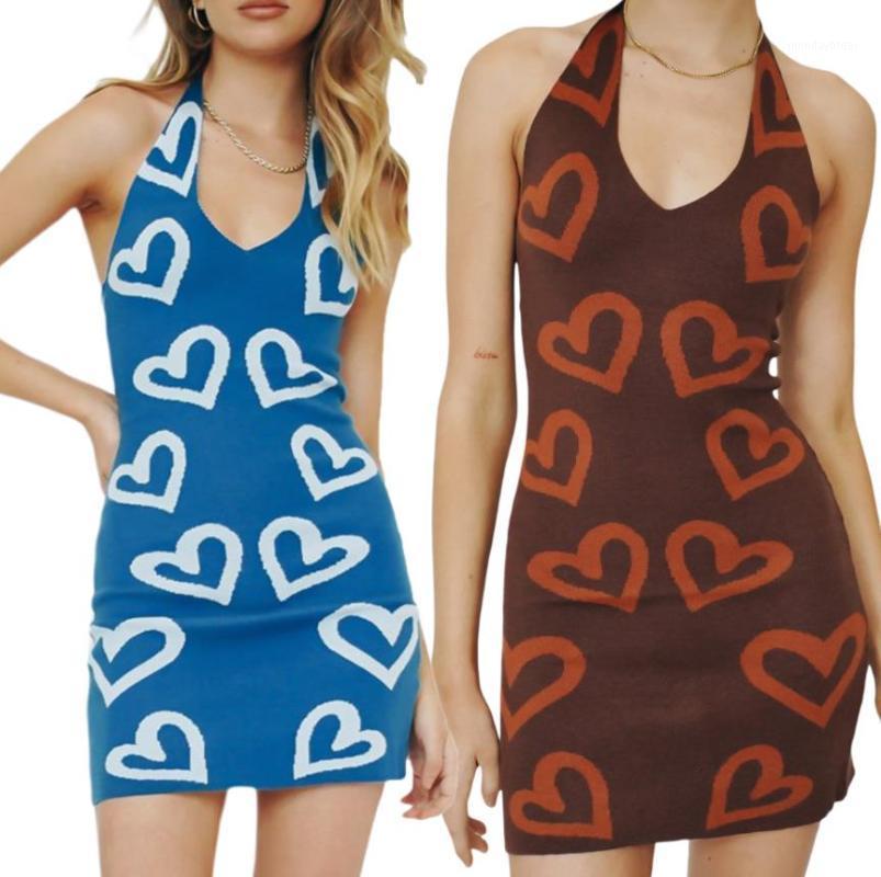 

Casual Dresses Women Summer Knit Halter Dress Adults Tie-up Color Block Heart Pattern V-neck, Blue