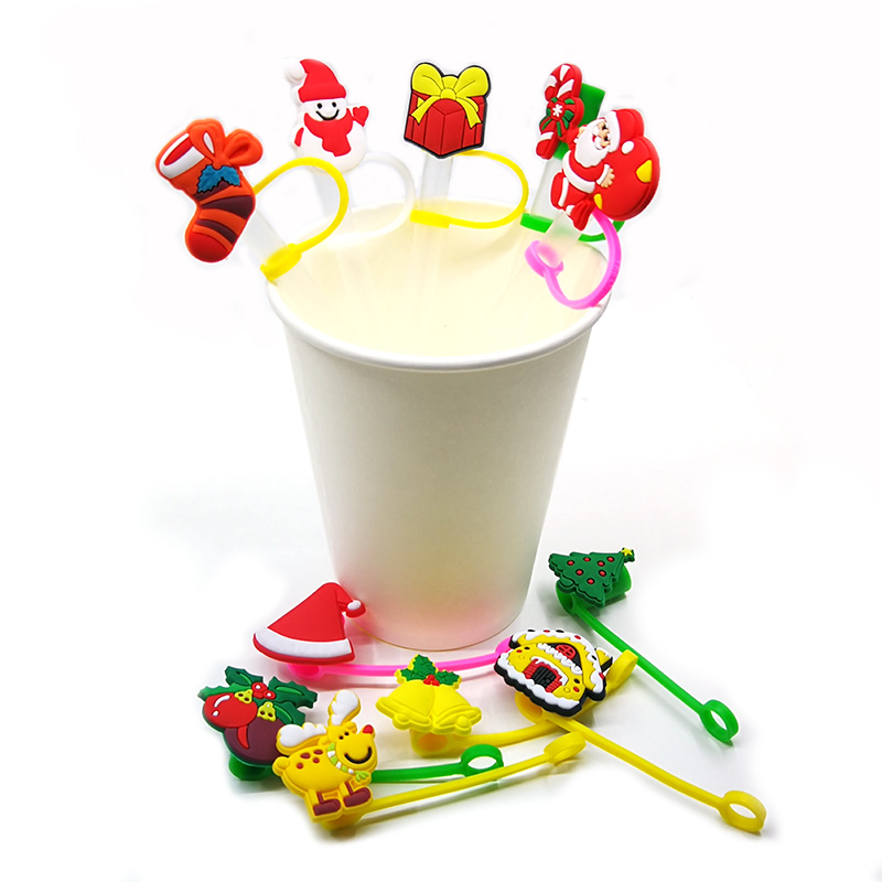 

Custom Christmas silicone straw toppers accessories cover charms Reusable Splash Proof drinking dust plug decorative 8mm straw party supplies