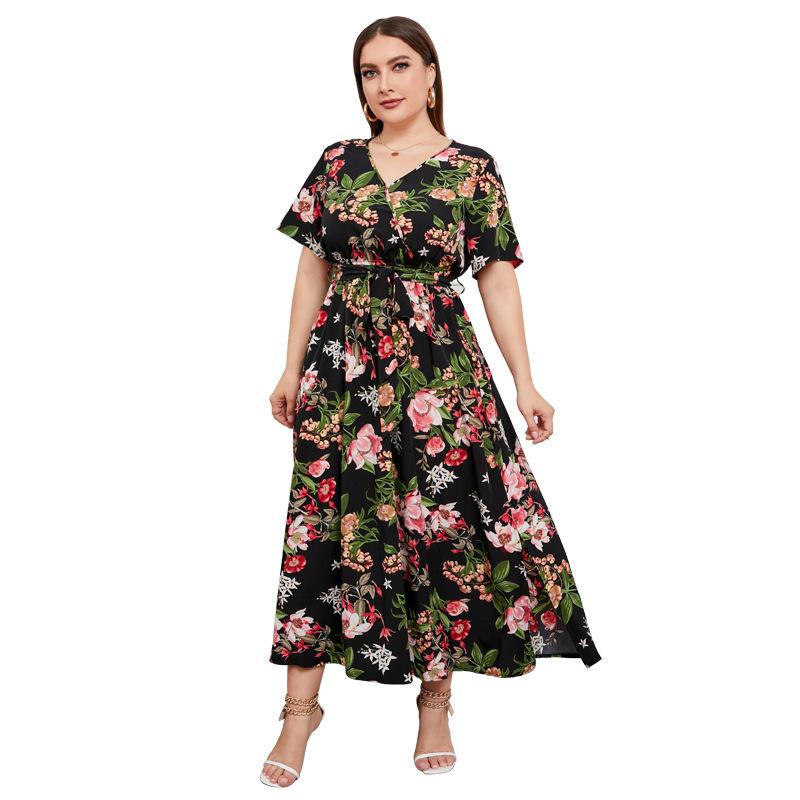 

Plus Size Dresses Women's Casual Long Floral Print Dress Summer Women -5XL Short Sleeve V-Neck High Waist Flowy Spring LadiesPlus