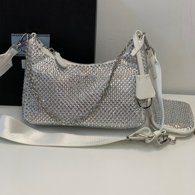 

Re-Edition Hobo Satin Crystal-Embellished Shoulder Bag Multi Pochette Designer Nylon Saffiano Leather 2pcs Crossbody With Removable Pouch Keychain 3-in-1Bags, Black