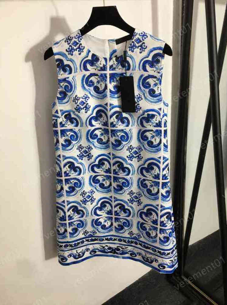 

Fashion Women Dresses Blue And White Porcelain Print Sleeveless Tanks Top Dress High Quality Luxury Sexy Designer Women Clothing 0912