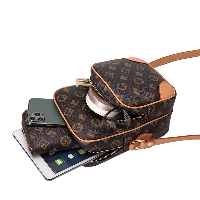 

Wholesale men leather shoulder bags street personalized printing mini mobile phone bag classic poker pattern storage wallet Joker contrast leather backpack, Coffee-46