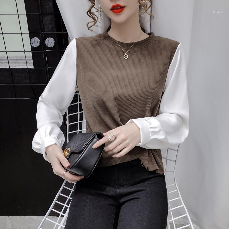 

Women' Blouses & Shirts Women And Tops Long Puff Sleeve Knitted Blouse Elegant Spliced Panelled Preppy Style Fall 2022, Blue