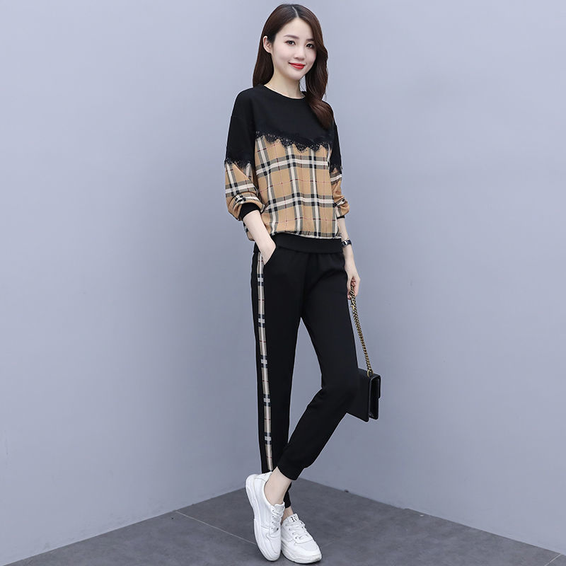 

Spring Temperament Two Piece Set Loose Large Size Foreign Style Korean Slim Fashion Plaid Suit Women Black