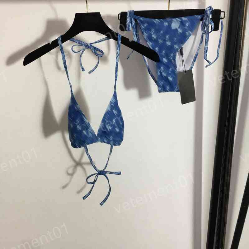 

Designer Women Bras Sets Blue Bikini Split Swimsuit Set Lettering Logo Denim Print Lace-up Bra And Briefs Fashion Brand Swimwear Bikini For Women Clothing