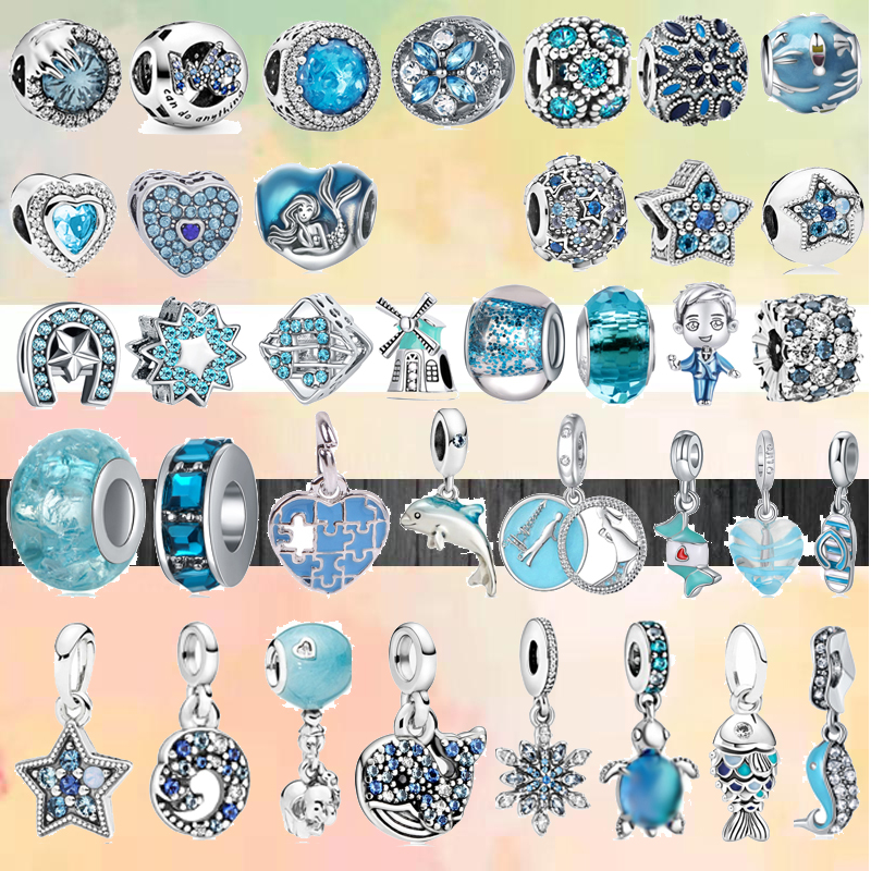 925 Sterling Silver Dangle Charm New Light Blue Round Glass Bead Zircon Fish Love Pendant Beads Bead Fit Pandora Charms Bracelet DIY Jewelry Acce