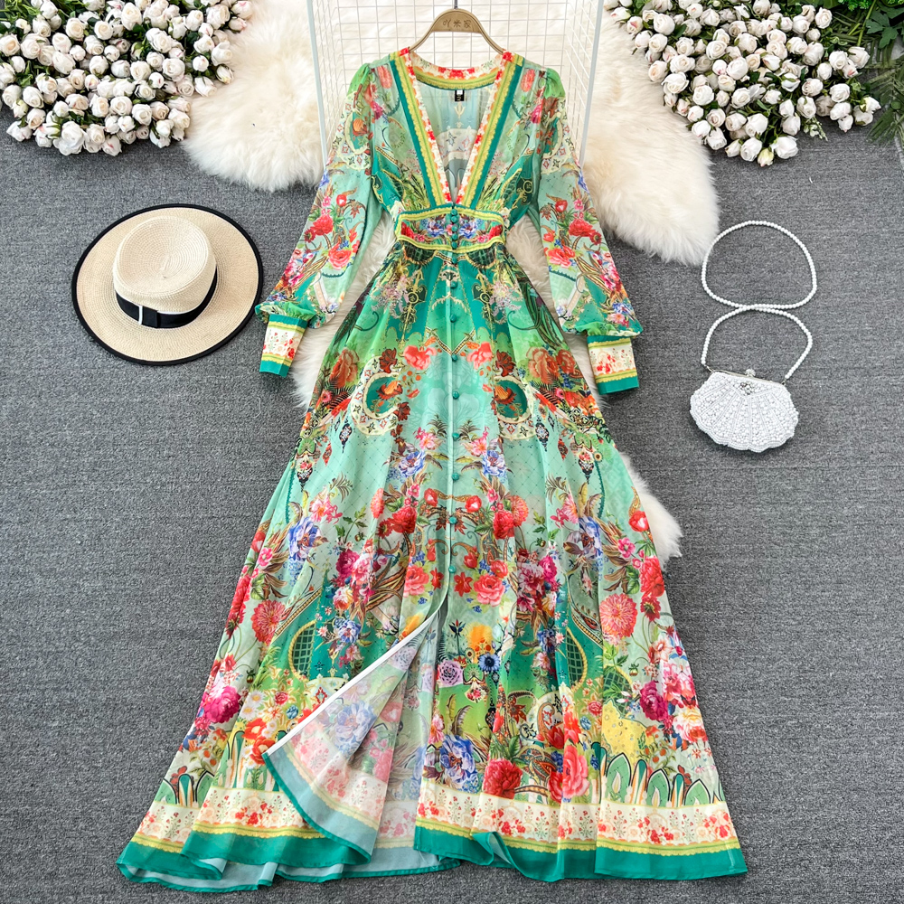 

New 2023 Summer Fashion Runway Elegant Chiffon Maxi Dress Women Deep V Neck Print Boho Holiday Party Long Dress, Same as picture
