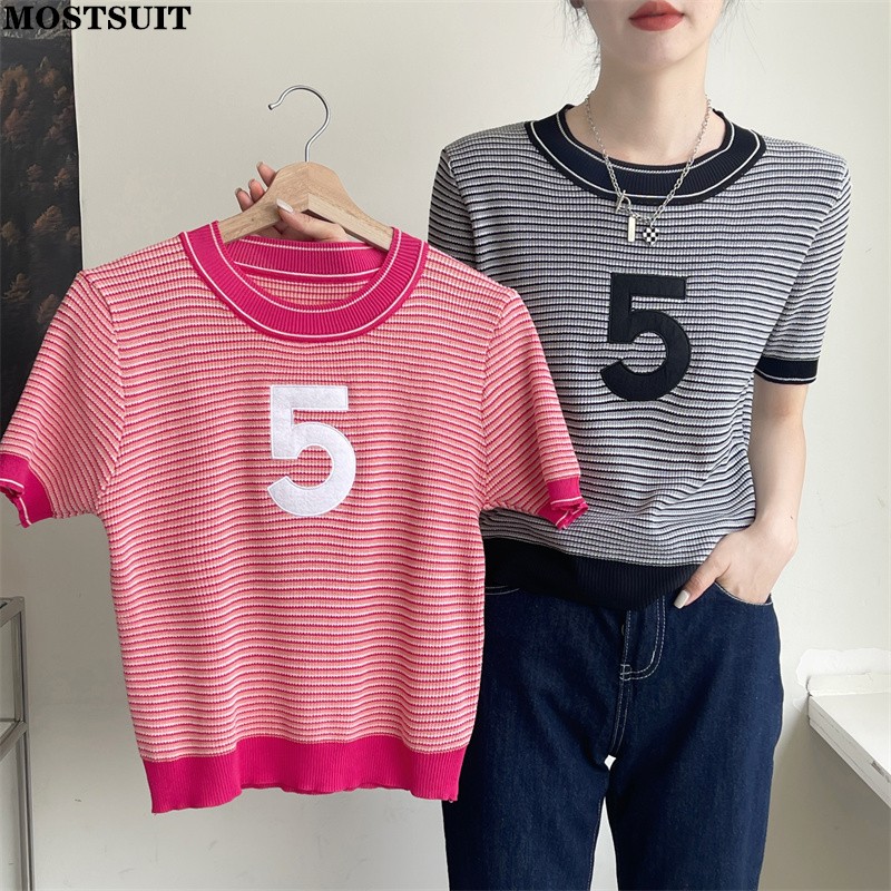 

2022 Summer Vintage Knitted Pullovers Sweaters Women Short Sleeve O-neck Tops Korean Elegant Fashion Female Jumpers, Black