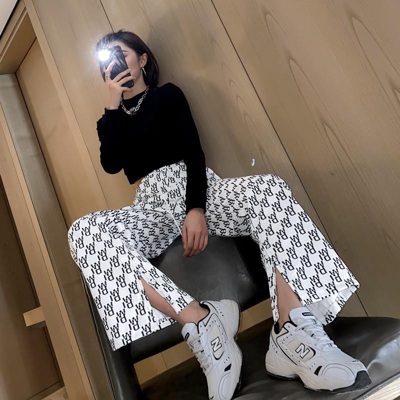 

Spring Wide Leg Pants For Women Letters Printed Loose Split Buttons Elastic Waist Thin Trousers Female Sport Wear 2358, White