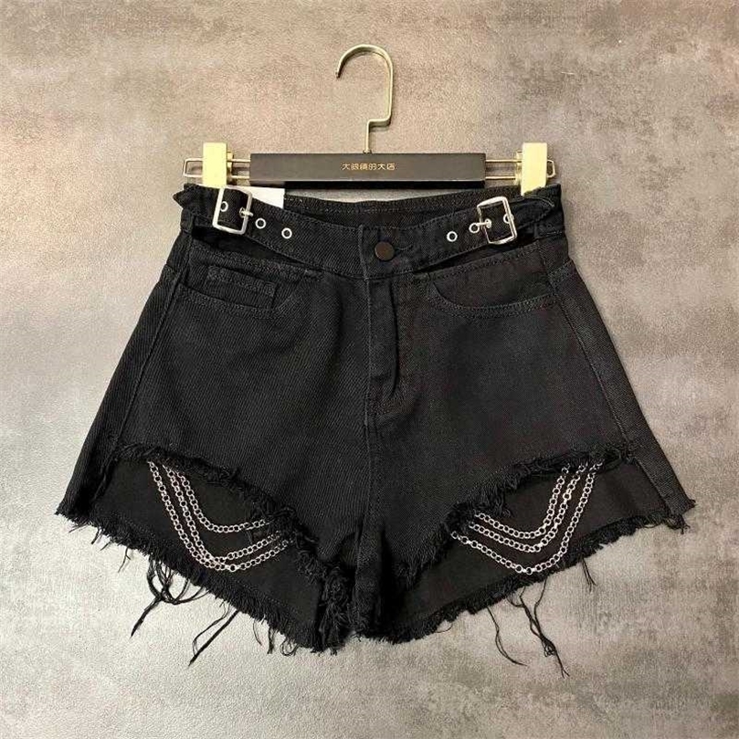

DEAT Spring Summer Fashion Hollow Out Beading Tassel Burr Trend Denim Shorts Women SB136 210709, Black
