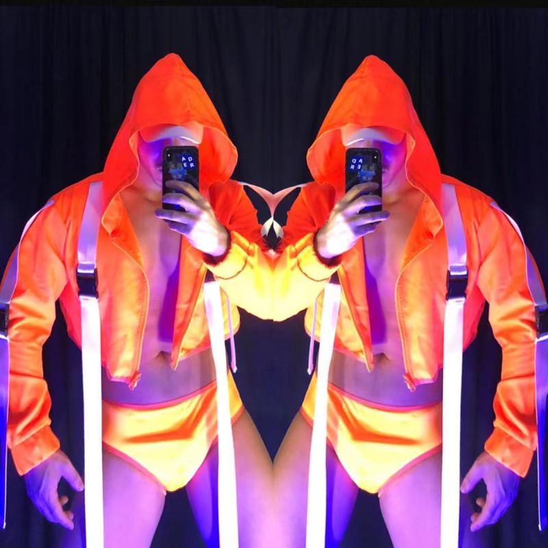 

Stage Wear Fluorescent Orange Rave Clothes Men's Nightclub Dancing Performance Costume Gogo Jazz Pole Dance Clothing Outfit VDB4031Stage, Coat-shorts