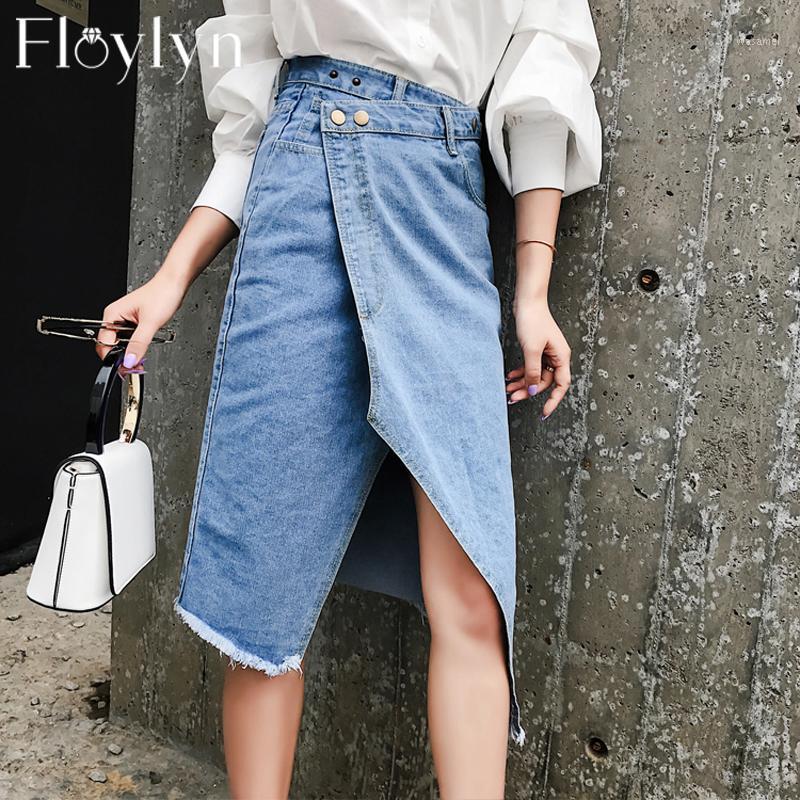 

Skirts Casual High Waist Irregular Split Women Jean Skirt Tassel Streetwear Stretch Skinny Female Pencil 2022 Blue Pockets Denim, As picture