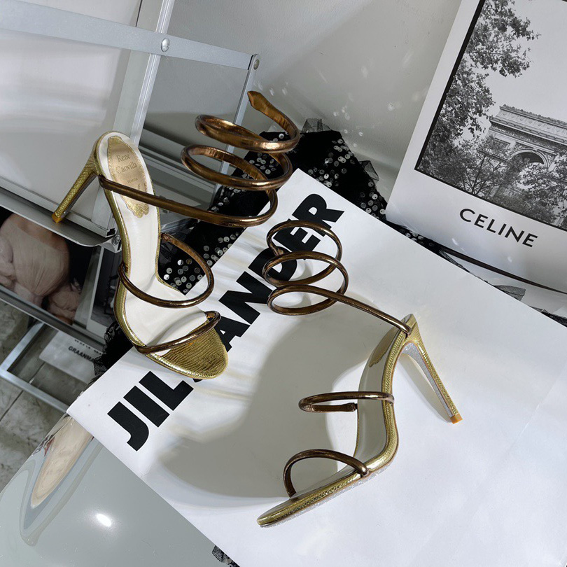 

Cleo Rene Snake caovilla Strass stiletto Heels leather sandals 95mm Evening shoes women high heeled Luxury Designers Ankle Wraparound Dress KO9Q, Gold