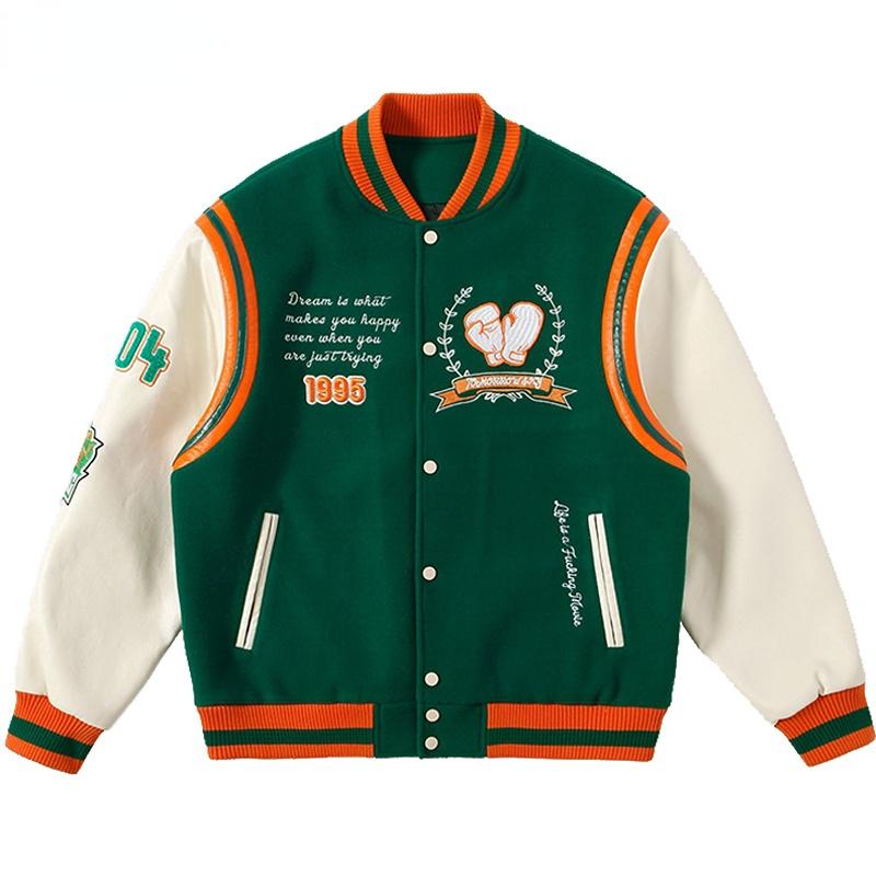 

Men' Jackets Men Varsity Embroidered Patchwork PU Leather Green Baseball Vintage College Style Bomber Jacket Unisex AutumnMen