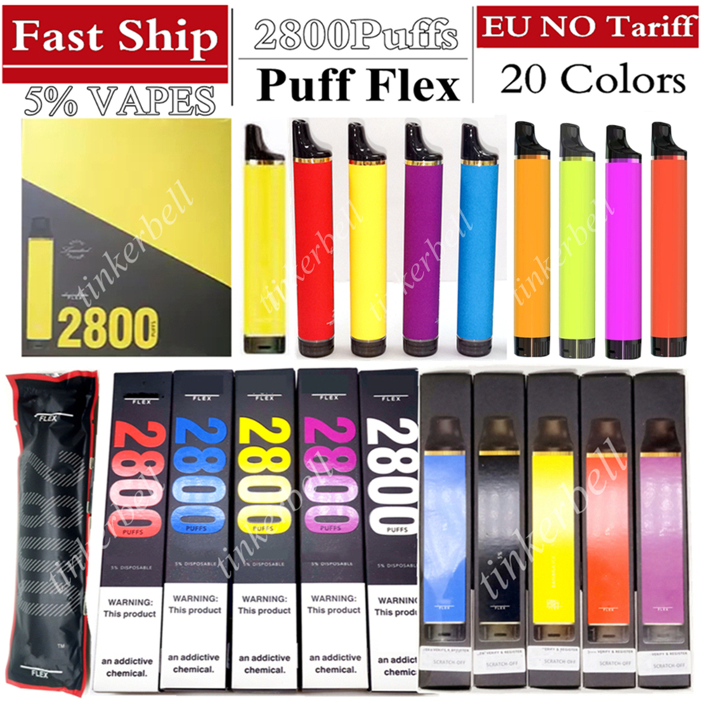

Puff Flex 2800 Puffs 5% Vapes Cigarette Disposable Vape Pen Bars 20 Colors Device kits ecigs 850mah Battery Pre-filled 8ml vaporizer Vapors OEM vs Plus LUX Legend ELF