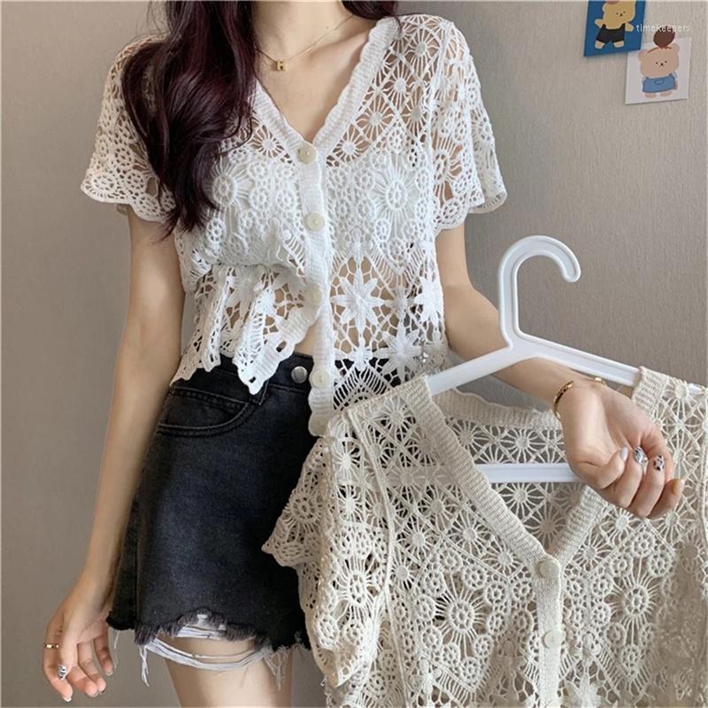 

Women's Knits & Tees Summer Knitwear Women Short Korean Crochet Lace Thin V-neck Hollow Sleeve All-match Knit Cardigan Tops FemaleWomen's Ti, White
