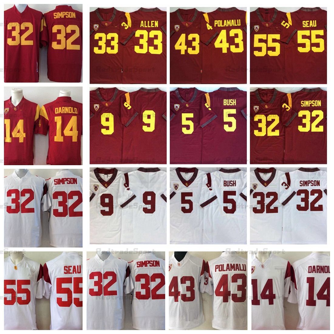 

NCAA Mens USC Trojans College Football Jerseys 32 O.J Simpson 9 JuJu Smith-Schuster 5 Reggie Bush 55 Junior Seau 43 Troy Polamalu 14 Sam Darnold 33 Marcus Allen Shirts, White 5