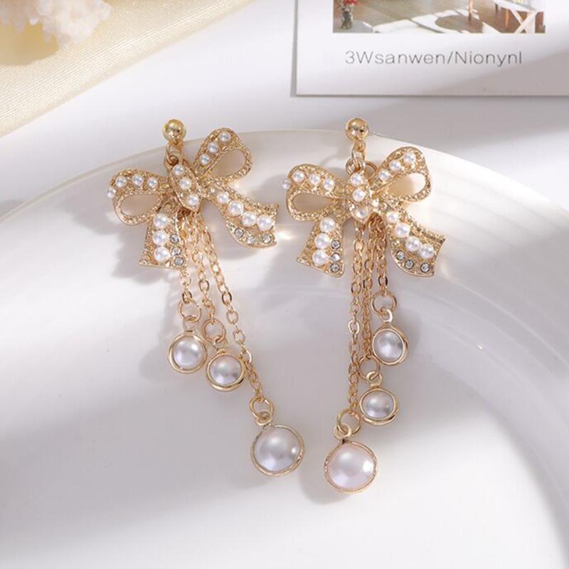 

Clip-on & Screw Back Fashion Butterfly Knot Drop Earrings Tassels Imitation Pearl Gifts For Birthday Temperamental Jewelry Accessories Women