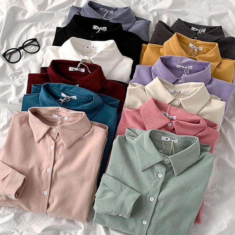 

Women's Blouses & Shirts Autumn Korean Fashion Simply Solid Women Shirt Casual Lazy Style Long Sleeve Collar Blouse Office Lady Ins ShirtsWo, Gray
