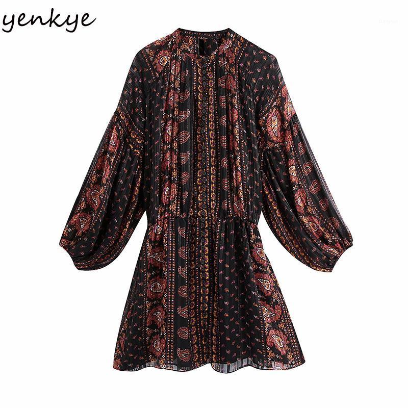 

Casual Dresses YENKYE Women Vintage Print Mini Dress Batwing Sleeve Elastic Waist Oversize Streetwear Summer Chiffon Vestido, As pic