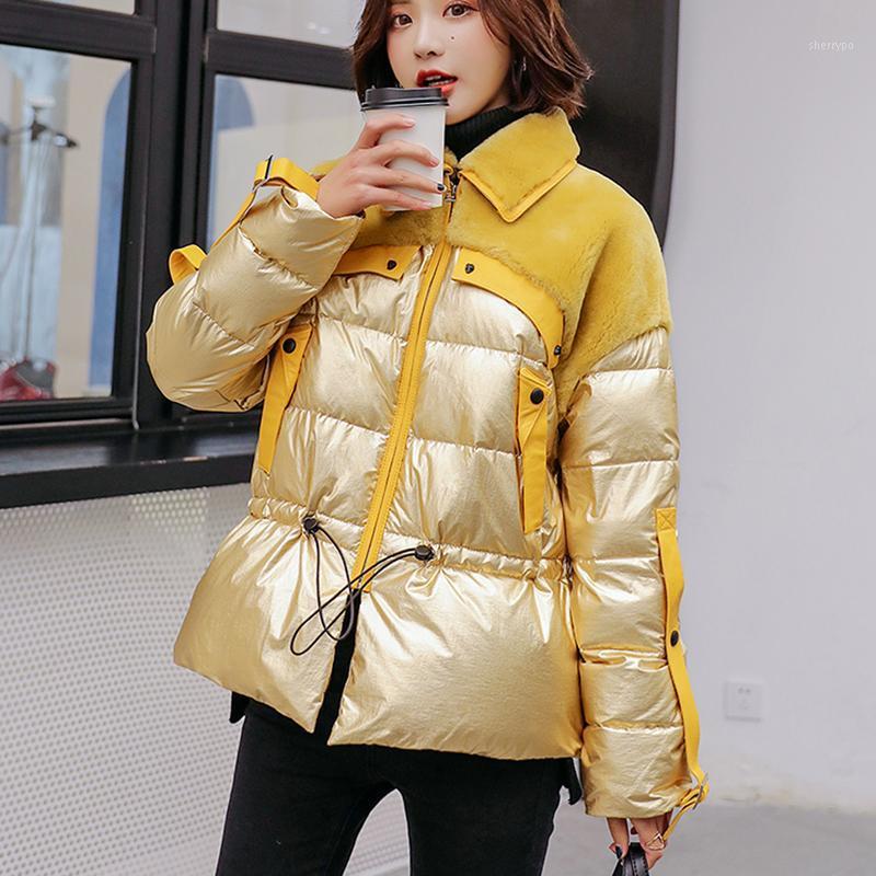 

Women' Trench Coats 2022 Winter Women Fashion Large Size Stitching Lambswool Coat Bread Service Female Short Section Bright Surface Down Co, Gold z89