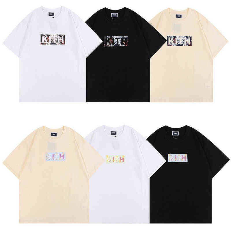 

22SS High Street INS Tide Brand Kith Men' T-shirts Classic Letter Print Tee Men and Women Loose Couple T-shirt Round Neck Short-sleeved, 2 apricot