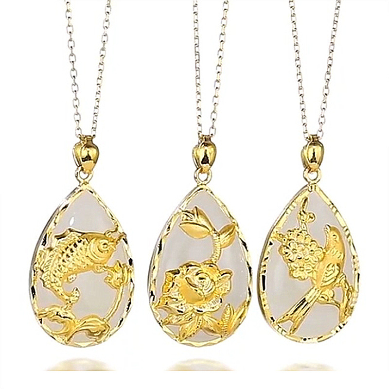 

Creative Gold Plated Lotus Hetian Jade Jasper Pendant Inlaid Jasper Inheritance Fish Magpie Bird Jasper Pendant Necklace