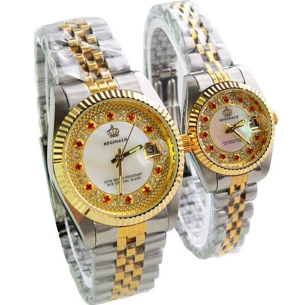 

Wristwatches HK REGINALD Fashion Rhinestone Man Woman Lovers Quartz Calendar Top Quality Watch Stainless Gold Steel, Man size