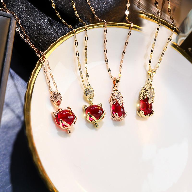 

Chains Red Gemstone Pendant Necklace Animal Titanium Steel Fashion Jewelry For Women Gifts 2022 Stainless Rose Gold