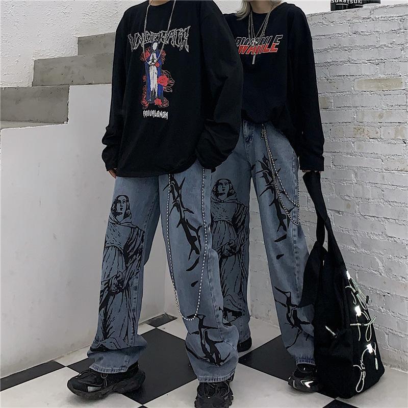 

Men' Jeans Retro Washed Men Women Wide Leg Straight Daddy Pants Loose Casual Personality Print Couple Denim Trousers Chain DecorationMen, Smoke grey