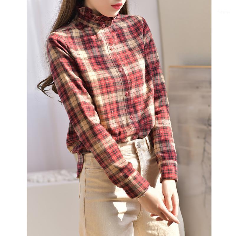 

Women's Blouses & Shirts Women Blouse Plaid Shirt Autumn Winter Retro St Collar Long Sleeve Blusas Ropa De Mujer, Red