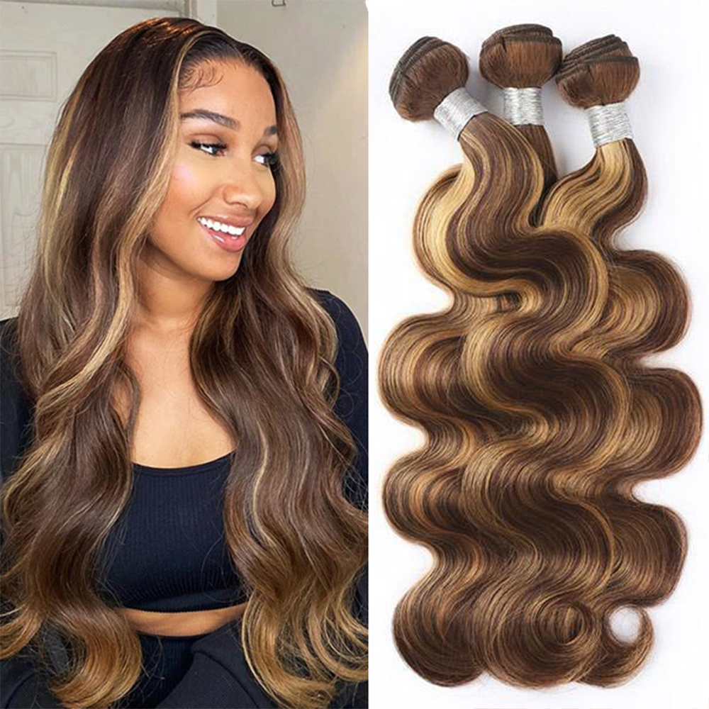 

Highlight Omber Body Wave Bundles 30 Inch Brazilian Human Hair 1/3 Bundles P4/27 Honey Blonde Brown Remy Extensions